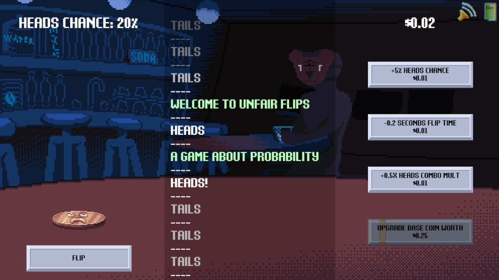 An image of the game Unfair Flips, with the games four upgrades displayed, near the start of a game. 