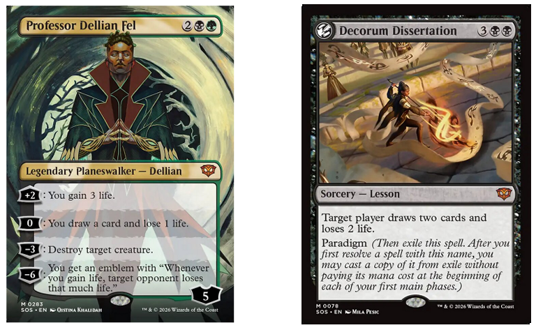 An image of the Magic: The Gathering cards "Professor Dellian Fel" and "Decorum Dissertation"