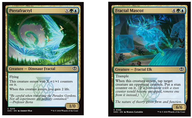 An image of the Magic: The Gathering cards "Pterafractyl" and "Fractal Mascot"