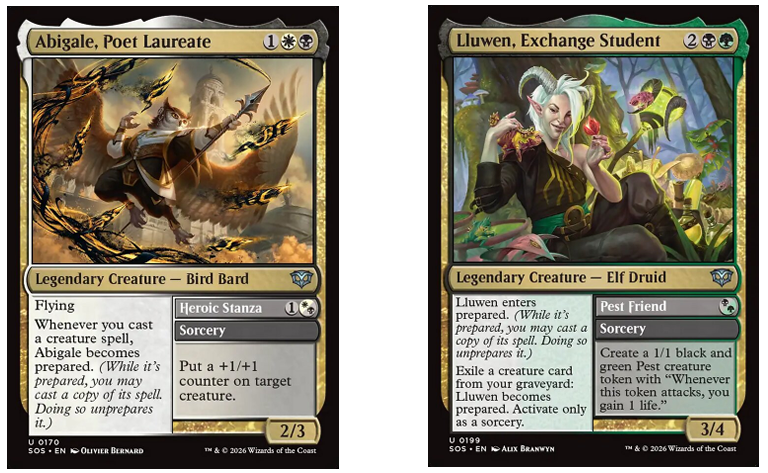 An image of the Magic: The Gathering trading cards Abigale, Poet Laureate, and Lluwen, Exchange Student.