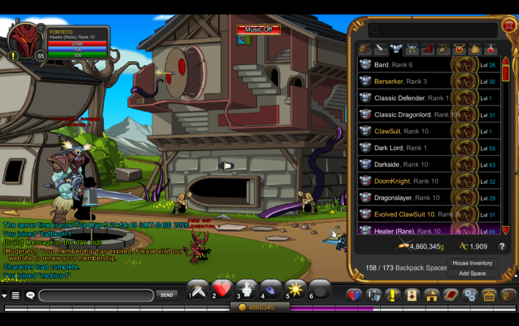 An image of the game Adventure Quest Worlds with the class selection menu open.